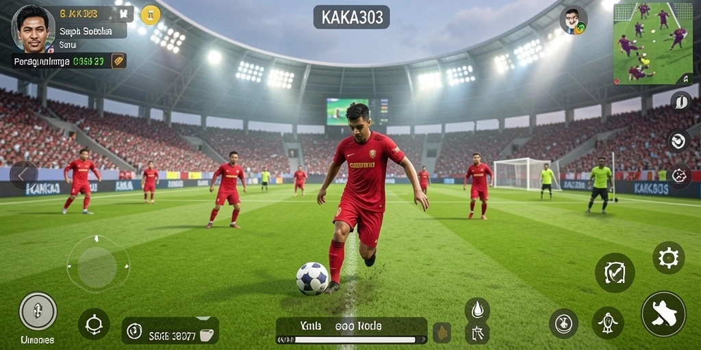 Tampilan gameplay KAKA303 menampilkan aksi seru di lapangan sepak bola.