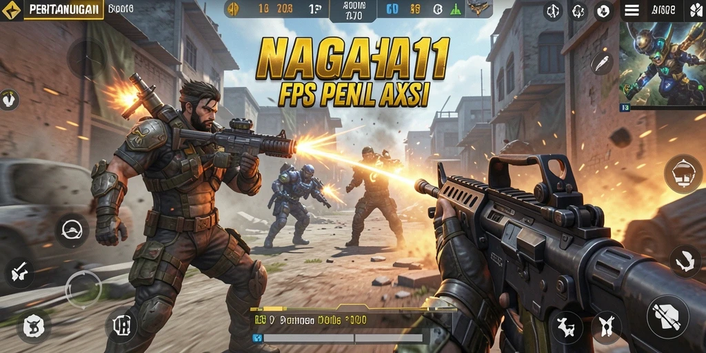 Screenshot gameplay NAGA11 yang menunjukkan aksi menembak yang intens.