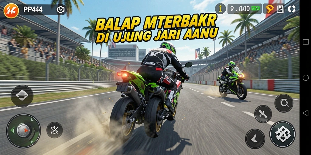 Screenshot menunjukkan aksi balap motor cepat dalam PP444.